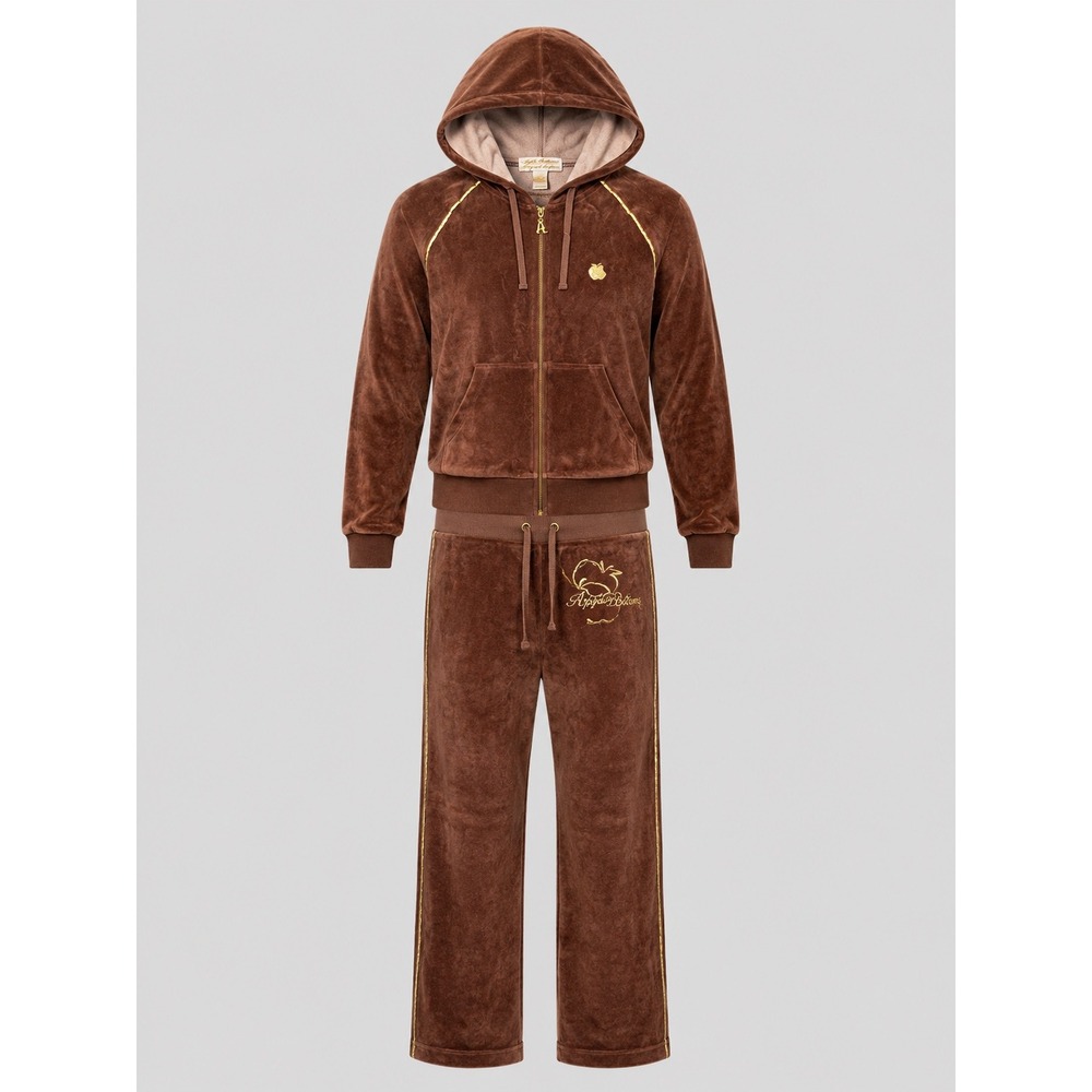 Apple Bottoms Brown Velour Tracksuit Set Gold Logo Zip Hoodie Wide Leg Pants L